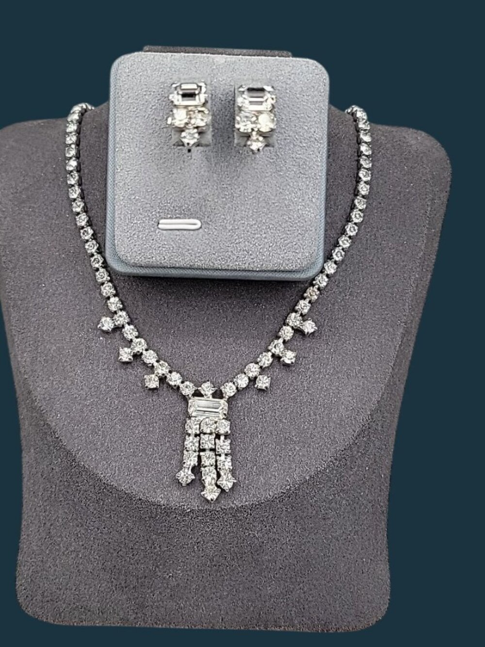 Kramer Diamante Tassle Choker 15" Necklace & Screwback Earrings Vintage 1940s